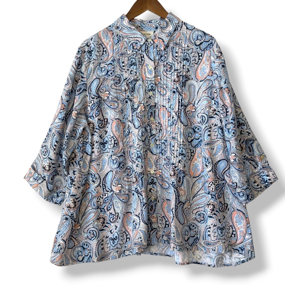 Jones New York Sport Woman Blouse 2X Blue Pink Paisley 100% Linen Pintuck Plus